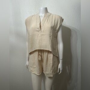 Cream Gauze Cliffside V-Neck Airy Top Two-Piece Top & Shorts Set